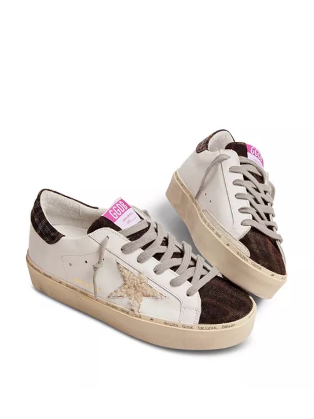 Golden Goose White Sneakers with Brown Suede & Pink Logo Tab